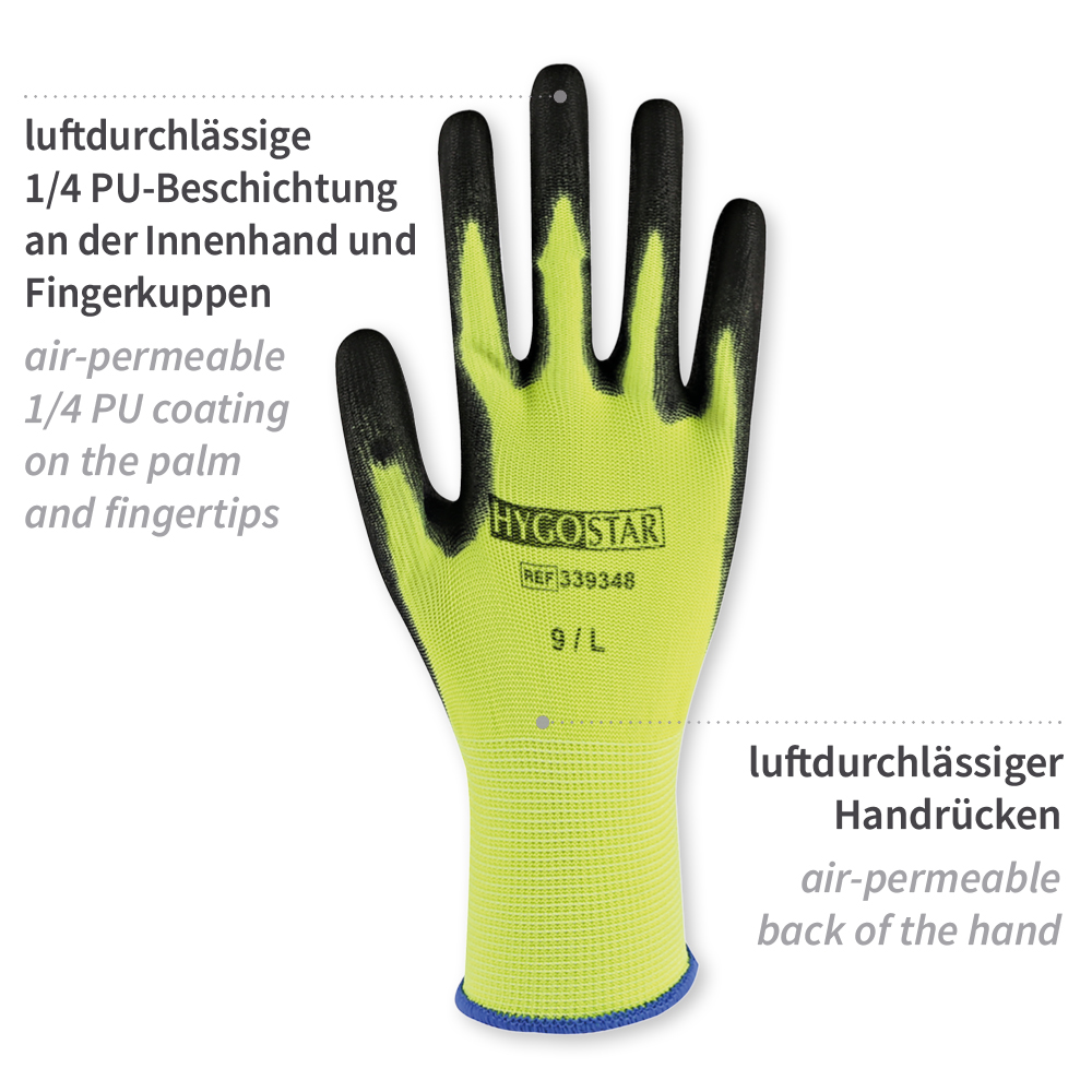 Fine knit gloves Neon Ace with PU coating, properties