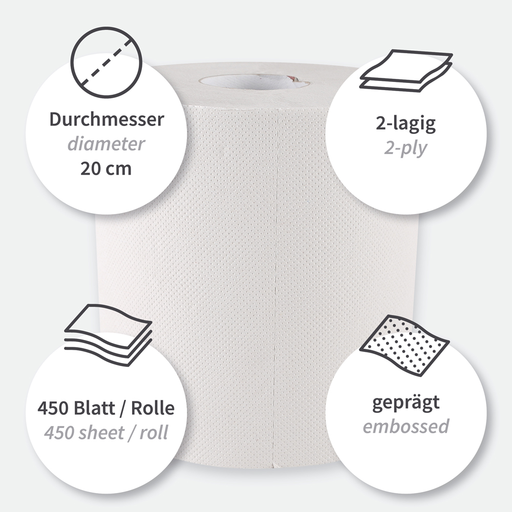 Paper towel rolls, 2-ply made of recycled paper, centerfeed, features