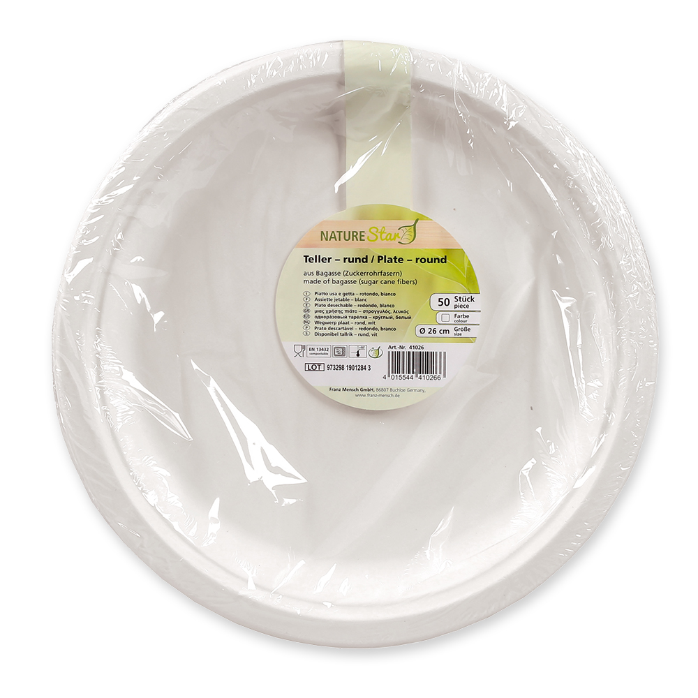 Bio Teller, rund aus Zuckerrohr, Verpackung