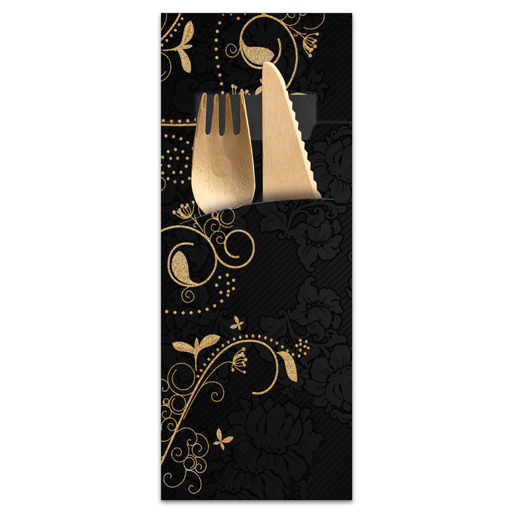 Cutlery Pouches "Eleganza" made of Paper, FSC®-certified in black with cutlery and napkin in black 
