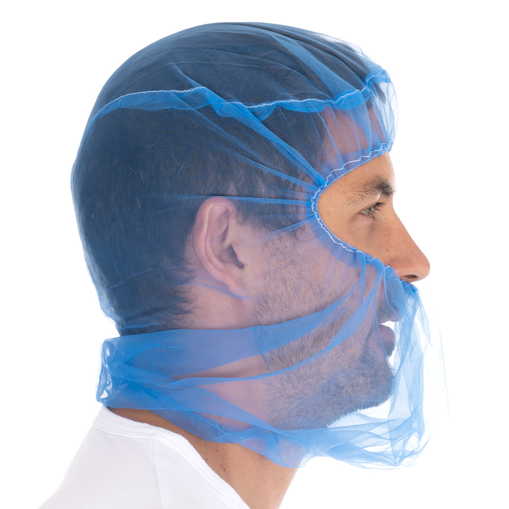 Astrohauben Micromesh | Nylon, blau, Seitansicht, unter Nase Astrohauben Micromesh aus Nylon in blau in der Seitansicht unter der Nase