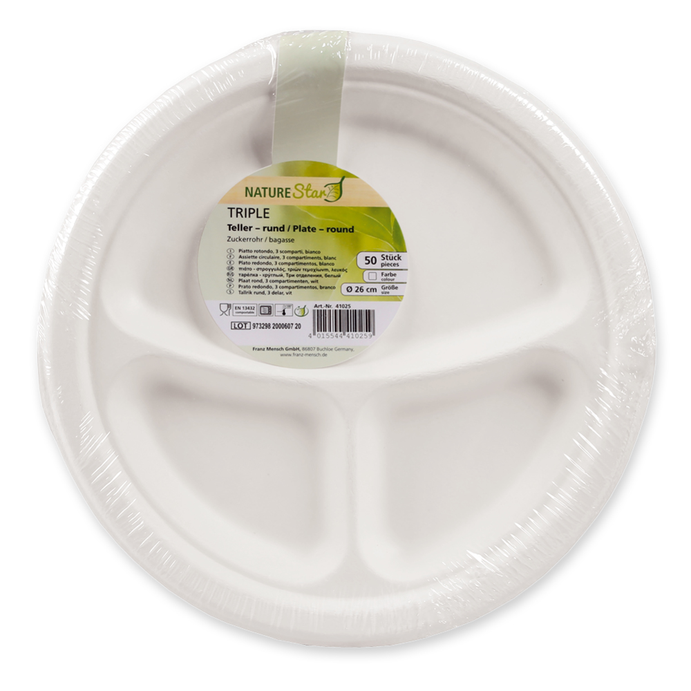Biodegradable plate "Triple" round made of sugarcane with packaging