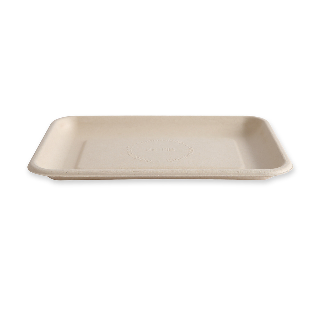 Organic foodtrays, rectangular made of bagasse in nature with side view