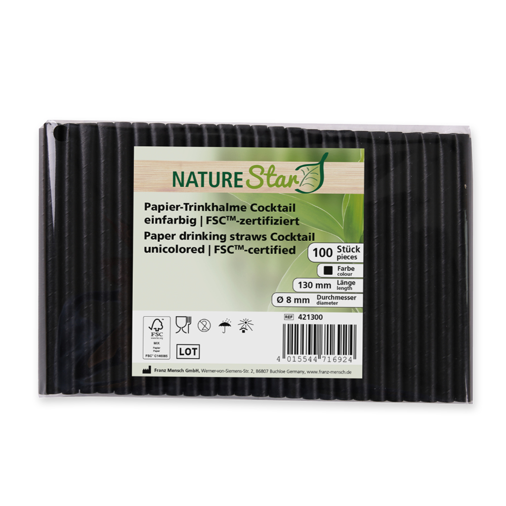 Bio Papiertrinkhalme Cocktail, einfarbig | FSC®-Mix, Verpackung Bio Papiertrinkhalme Cocktail, einfarbig FSC®-Mix, die Verpackung