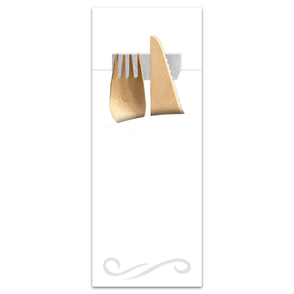 Bestecktasche "Classic" | Papier, FSC®-zertifiziert, weiß, Besteck, Serviette grau Bestecktasche "Classic" aus Papier, FSC®-zertifiziert in weiß mit Besteck und Serviette in grau