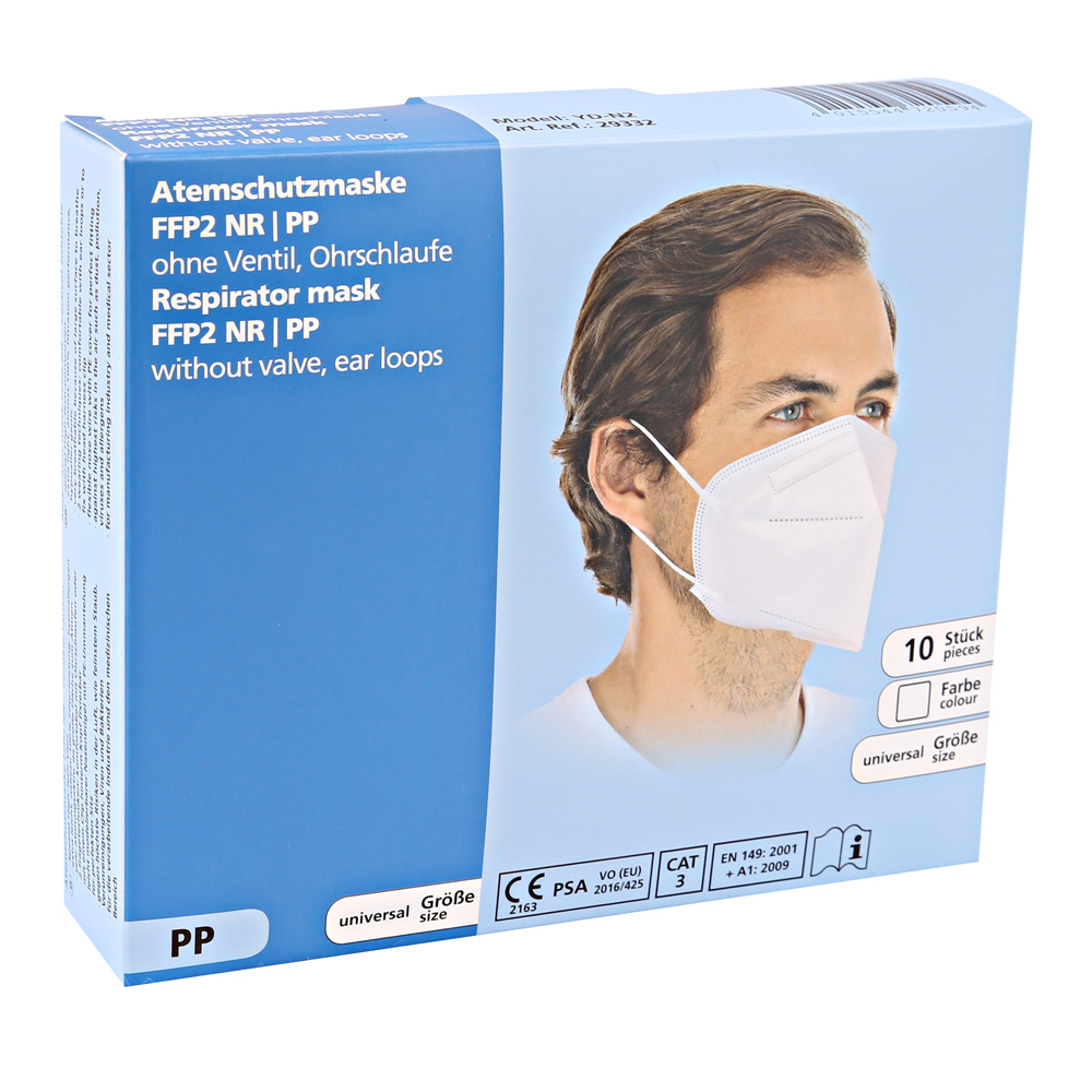 Atemschutzmaske FFP2 NR, ohne Ventil mit Ohrschlaufen aus PP in der Verpackung