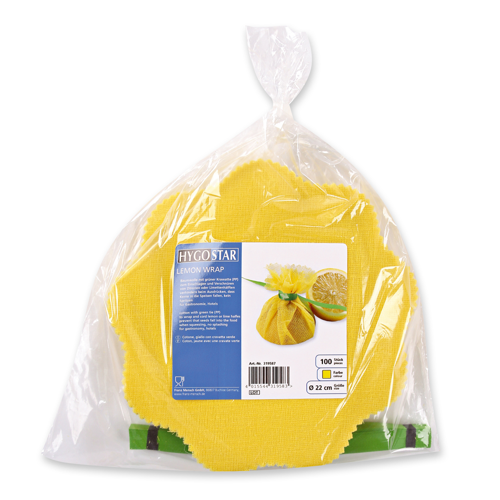 Zitronenserviertücher Lemon Wrap aus Baumwolle in gelb mit Verpackung