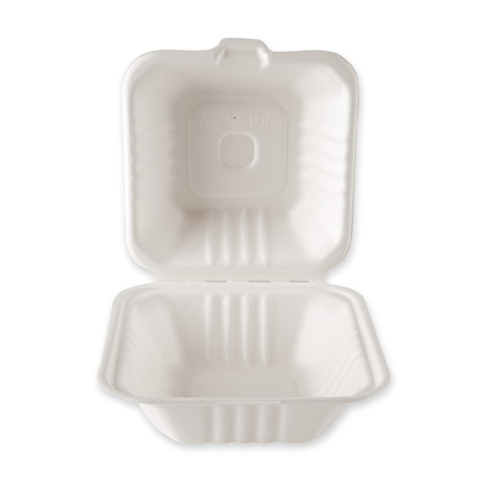 Bio lunchbox Hamburger from sugarcane in white, half-open