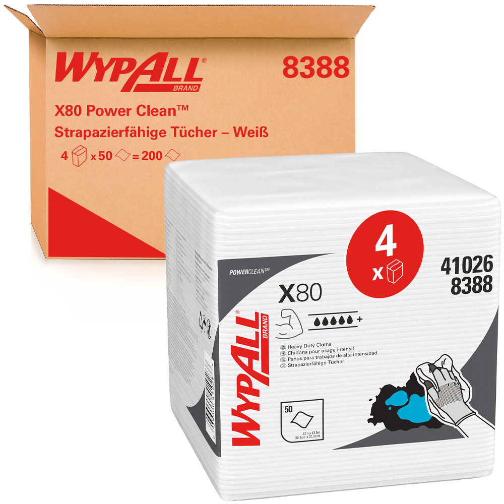 WypAll® X80 Power Clean™ heavy duty cloths, 1-ply, quaterfolded with the packing