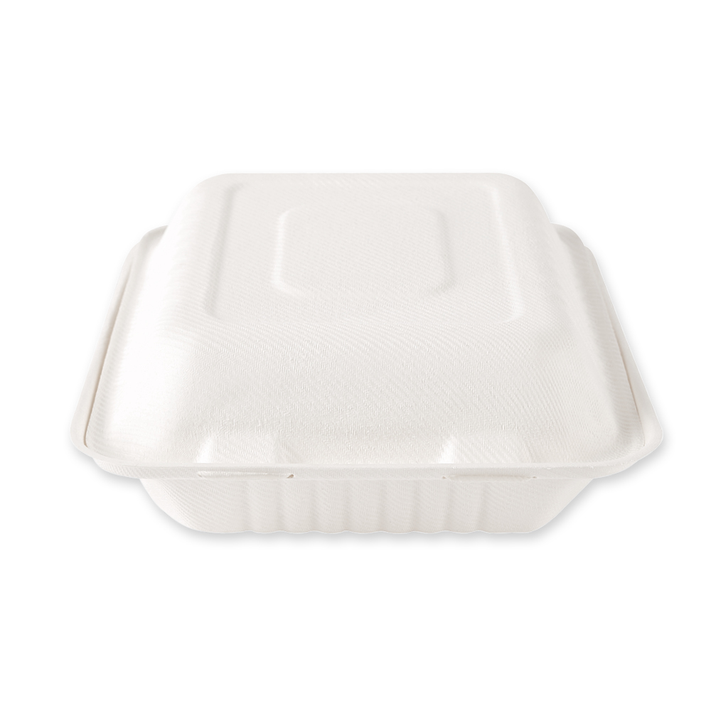 Organic menu boxes with hinged lid, 3-compartments, made from bagasse, closed