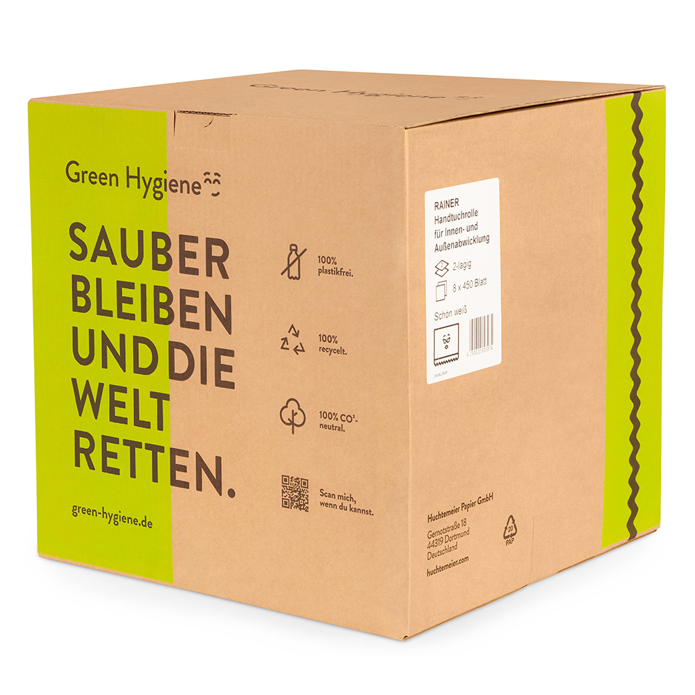 Green Hygiene® Papierhandtuchrollen RAINER, 2-lagig aus Recyclingpapier in der Innenabwicklung mit Verpackung
