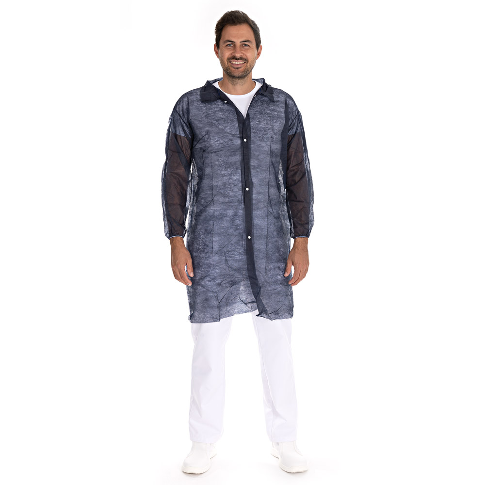 Visitor gowns Eco with push buttons made of PP in dark blue in the front view