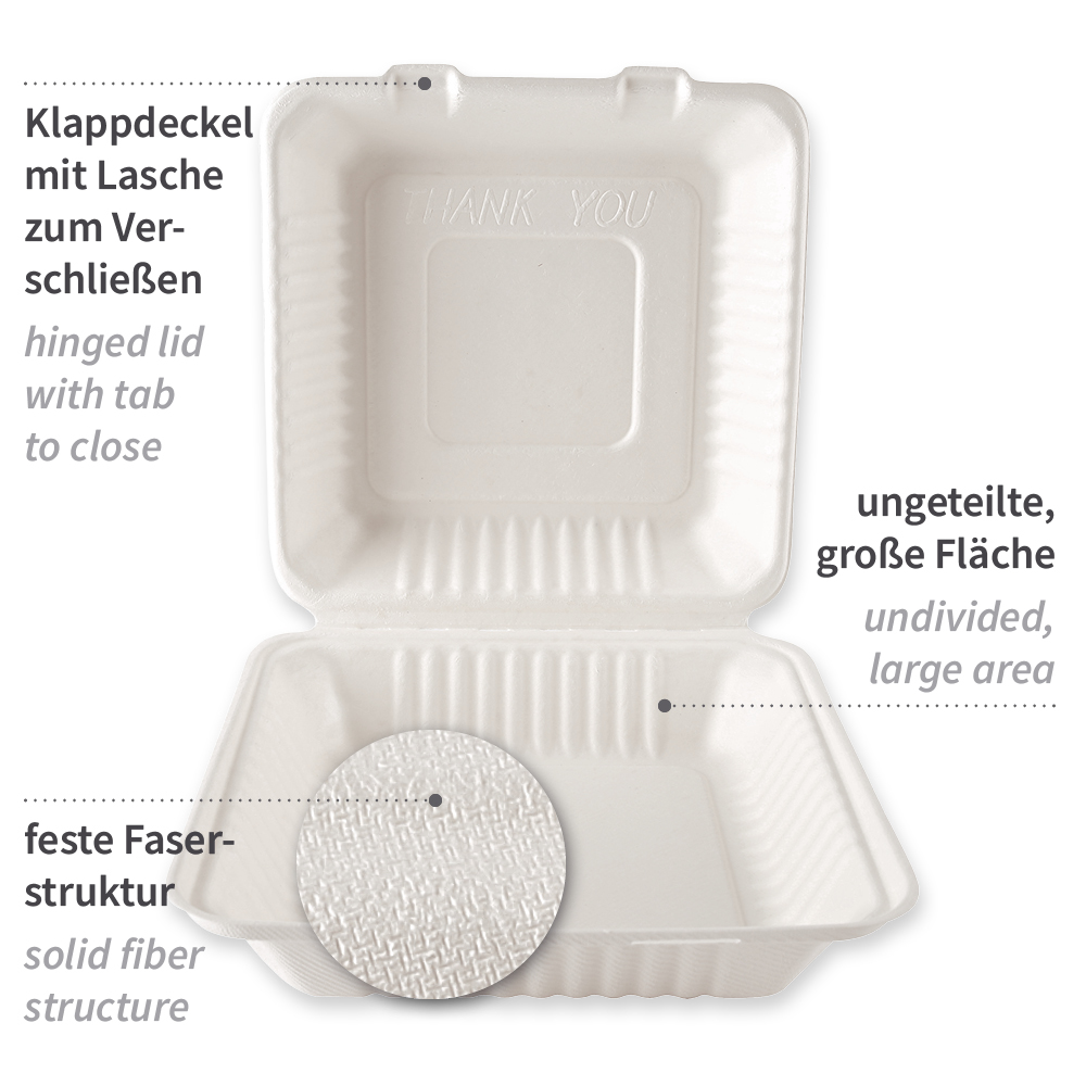 Organic menu boxes with hinged lid made of bagasse, properties