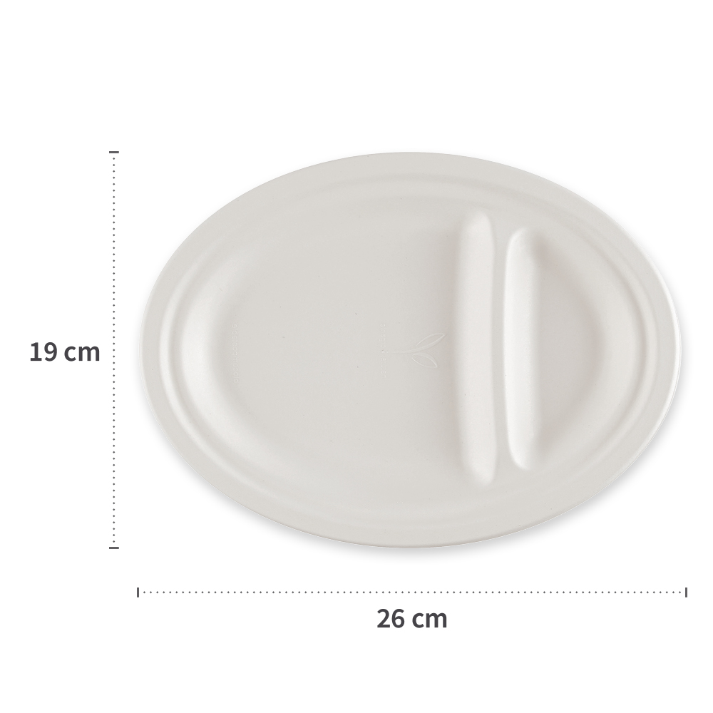 Organic menu plates, 2-compartments, oval made of bagasse with measure