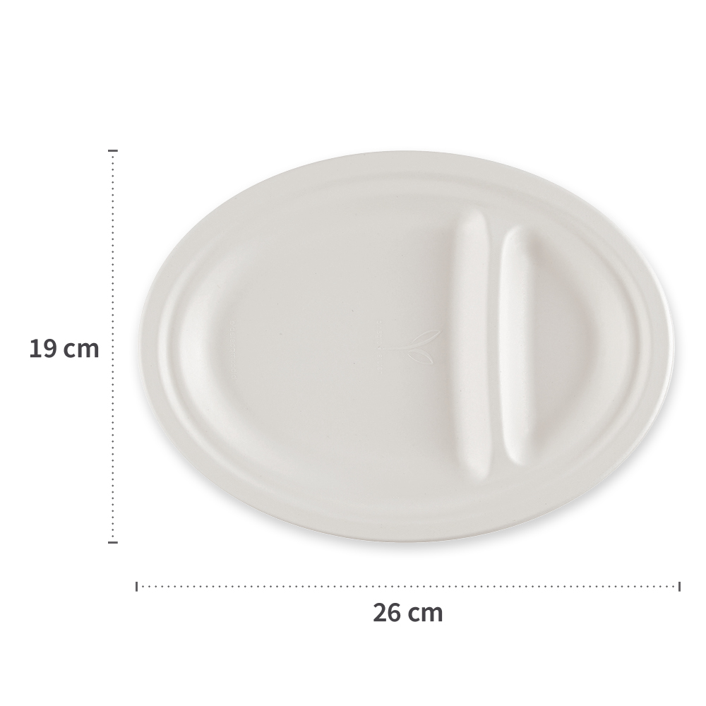 Bio Menüteller, 2-geteilt, oval aus Zuckerrohr mit Maße