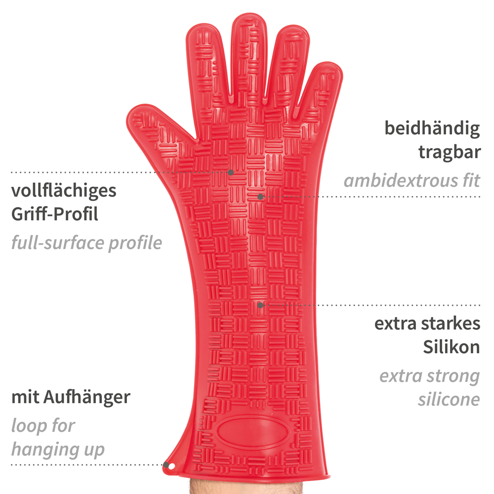 Ofenhandschuhe Heatblocker aus Silikon mit einer Stulpe von 43cm mit Erklärung