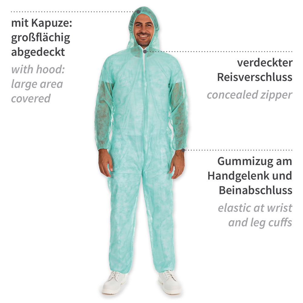Coveralls Light with hood made of PP with properties, green