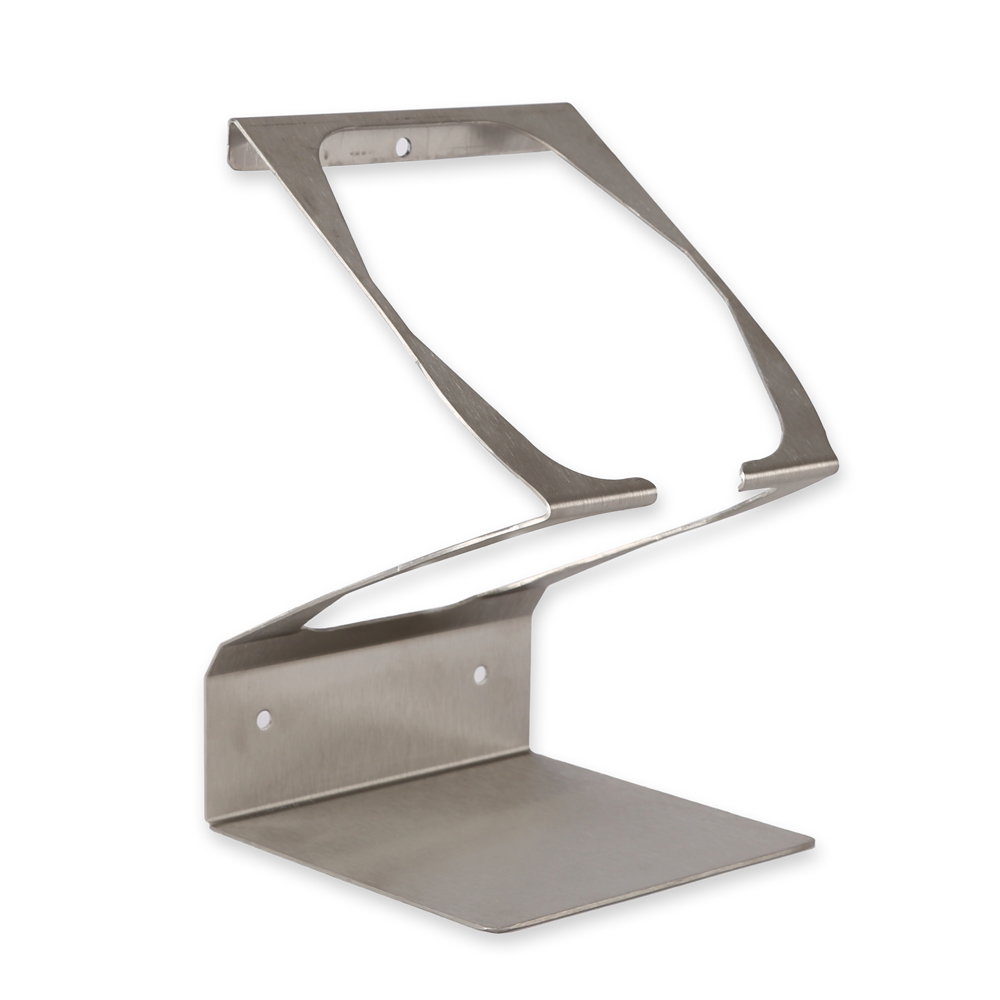 Wall holder for disinfectant wipes dispensers made of stainless steel in the oblique view