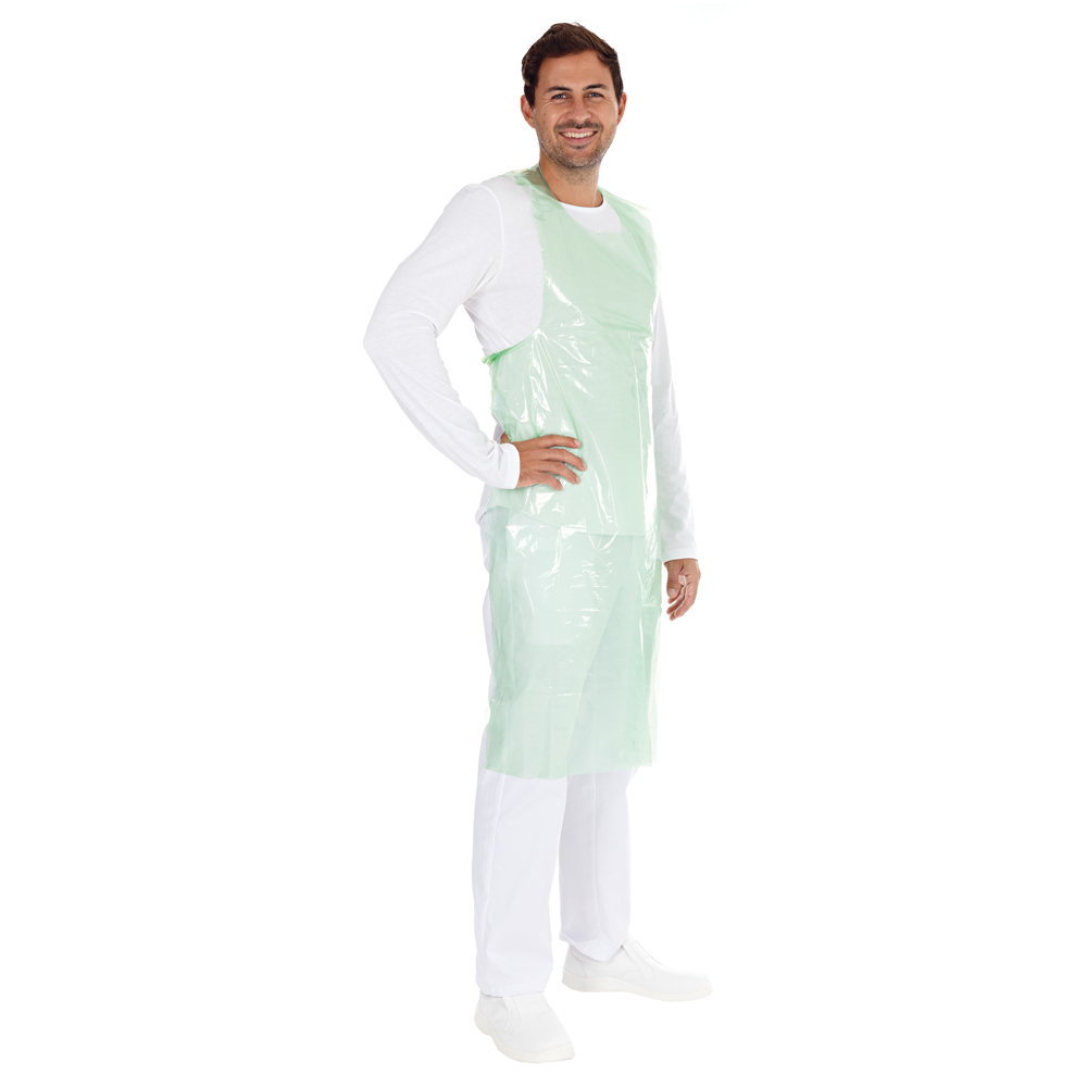 Disposable aprons on roll, 35my made of LDPE in front view in green