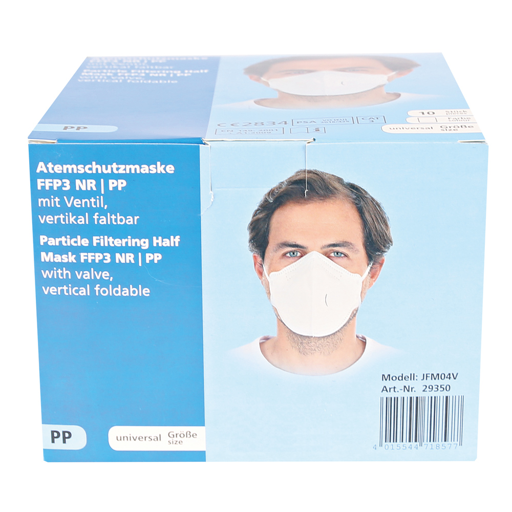 Atemschutzmasken FFP3 NR mit Ventil, vertikal faltbar aus PP in der Verpackung