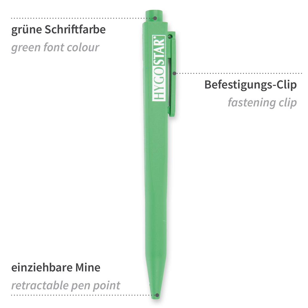 pen clip, retractable plastic, detectable in the front view with description, green