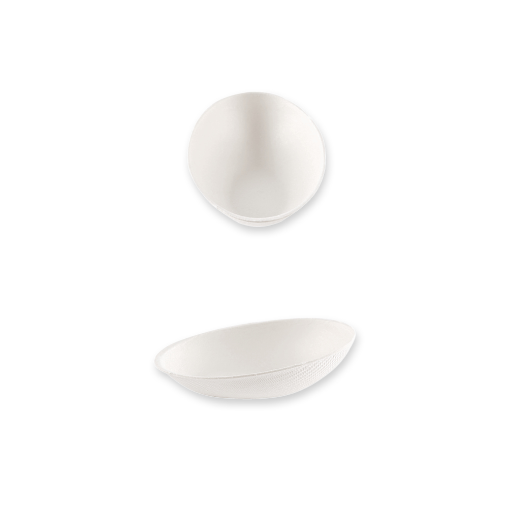 Organic fingerfood trays, oval made of bagasse in front and side view 