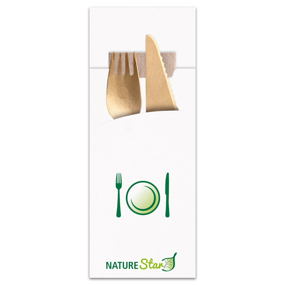 Biodegradable cuterly pouches made of Paper, FSC®-certified in white with cutlery and napkin in nature