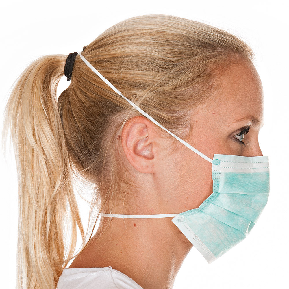 Mundschutz Civil Use, 3-lagig mit Kopfbändern aus PP in grün in der Seitenansicht