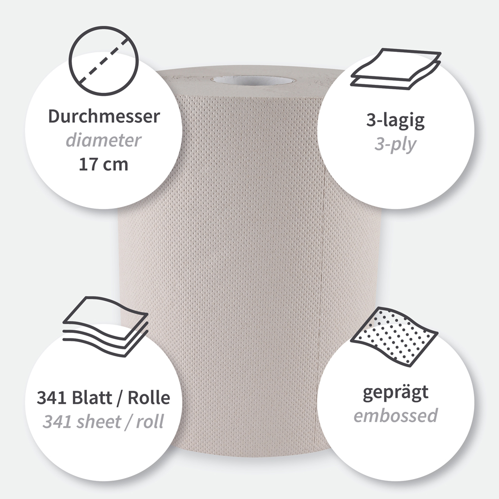 Organic paper towel rolls, 3-ply made of recycled paper, centerfeed, FSC®-Recycled, features