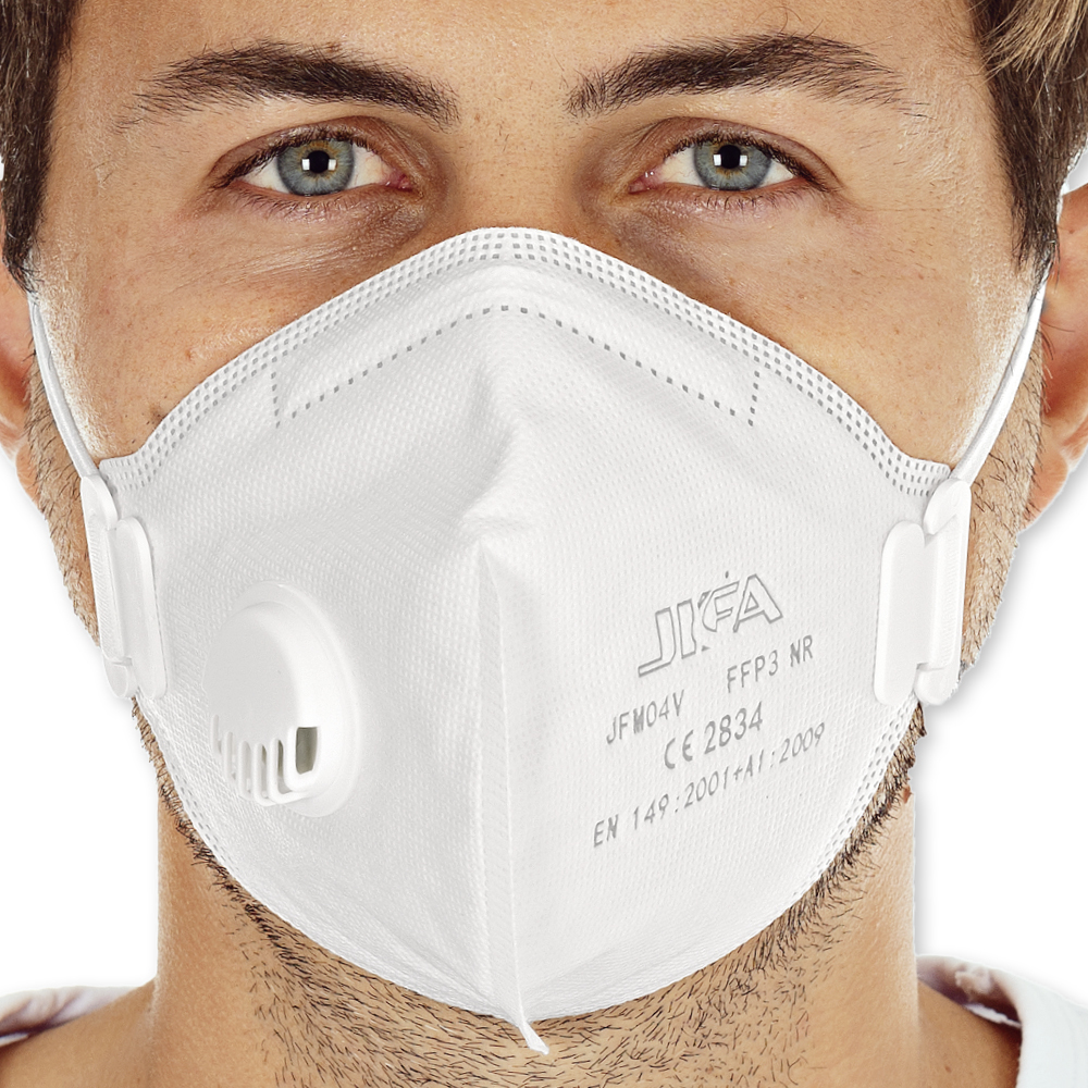 Atemschutzmasken FFP3 NR mit Ventil, vertikal faltbar aus PP in der Frontansicht