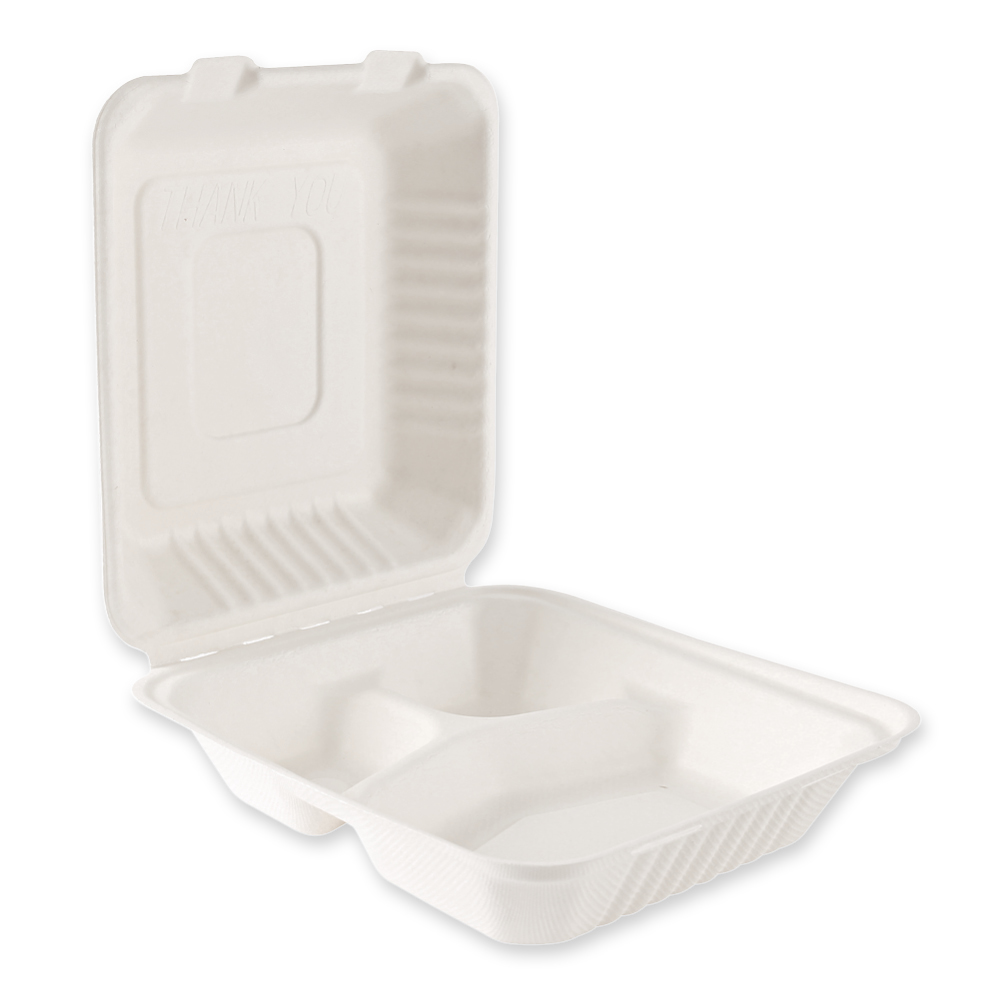 Organic menu boxes with hinged lid, 3-compartments, made from bagasse in an angled view
