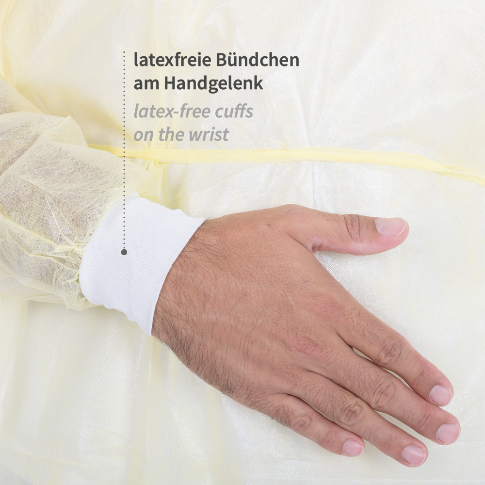Kittel Eco mit Nackenbindeband aus PP, PE teil-laminiert in gelb mit Strickbündchen am Handgelenk