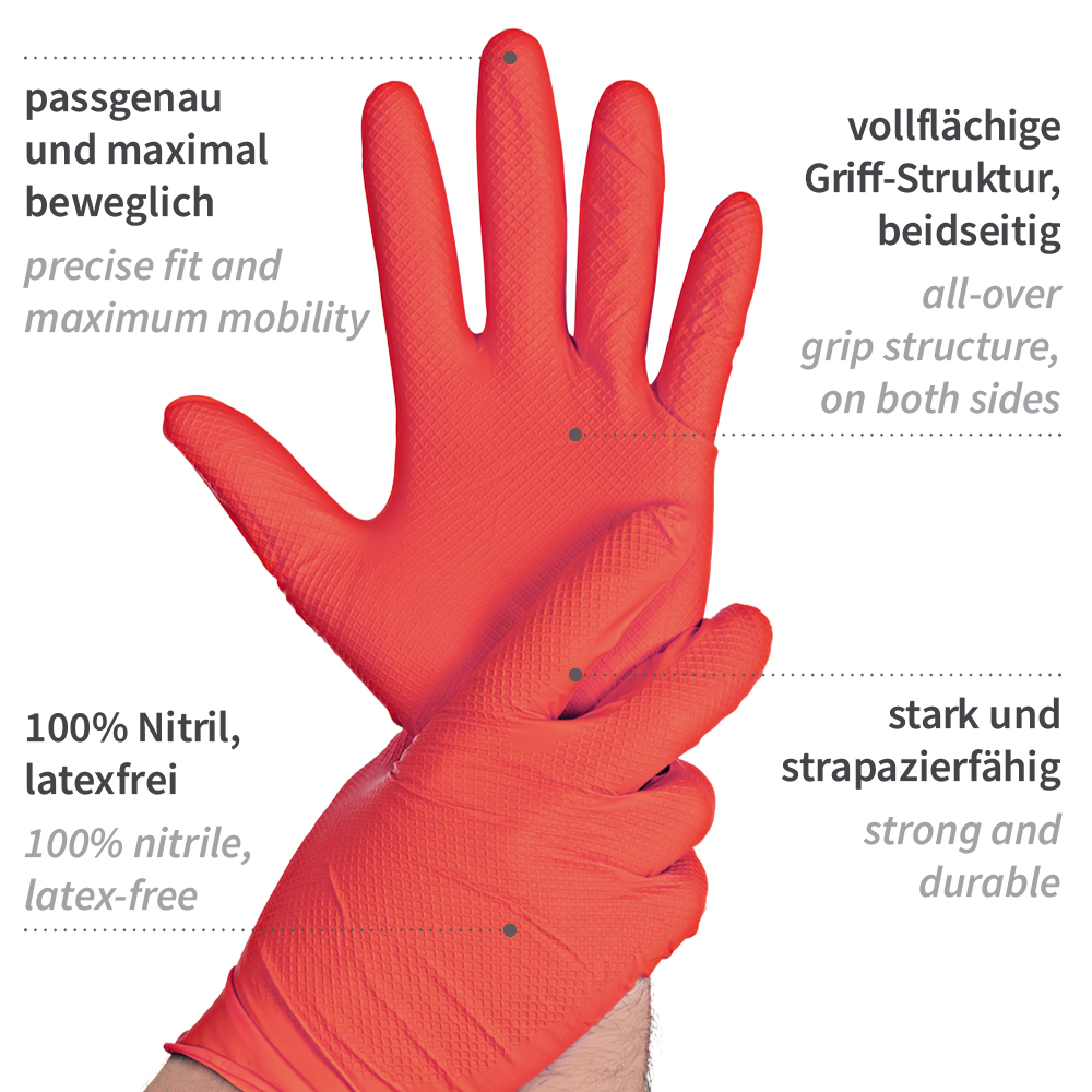 Nitrile gloves Power Grip, powder-free in red with explanation